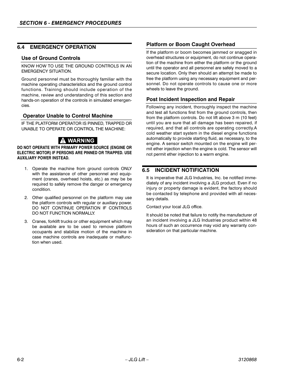4 emergency operation, 5 incident notification, Emergency operation -2 | Incident notification -2 | JLG 450AJ Operator Manual User Manual | Page 62 / 68