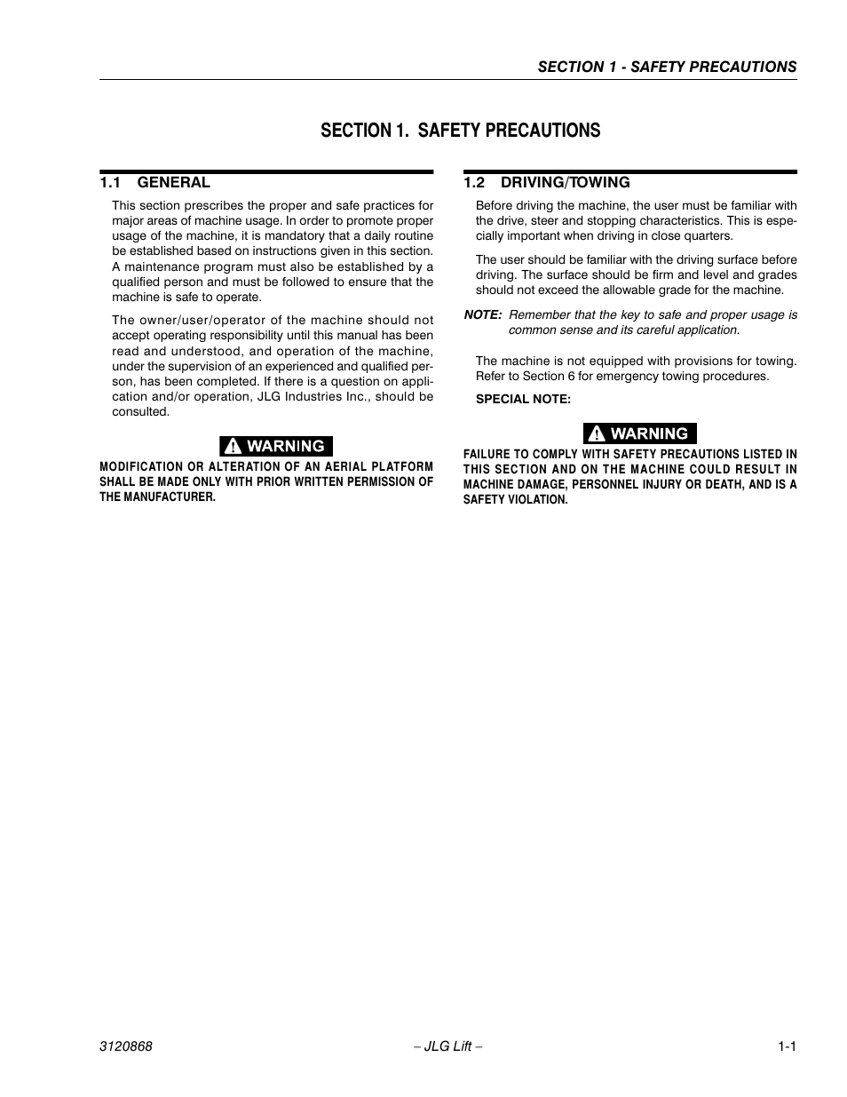 Section 1. safety precautions, 1 general, 2 driving/towing | Section 1 - safety precautions, General -1, Driving/towing -1 | JLG 450AJ Operator Manual User Manual | Page 9 / 68