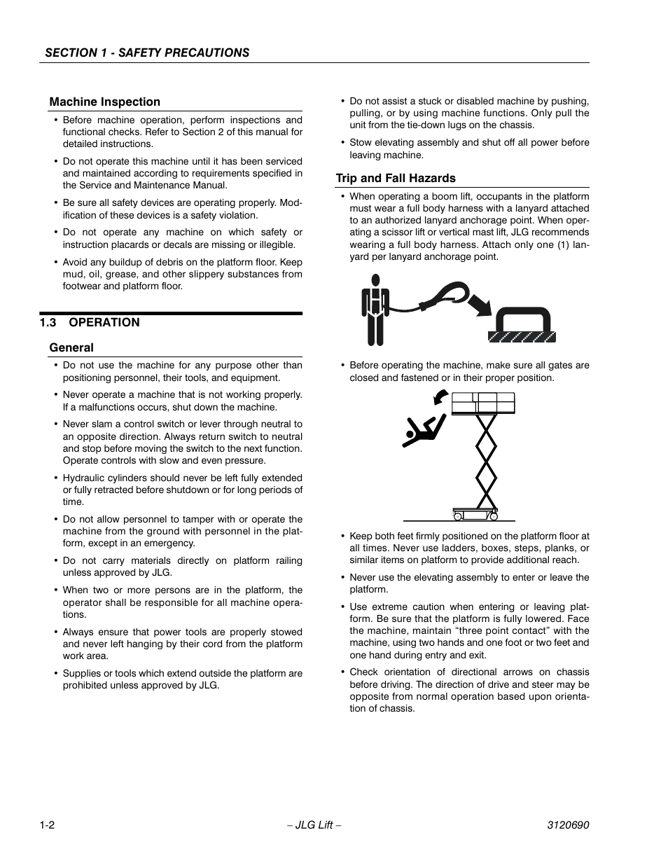 Machine inspection, 3 operation, General | Trip and fall hazards, Operation -2 | JLG 40RTS ANSI Operator Manual User Manual | Page 12 / 50