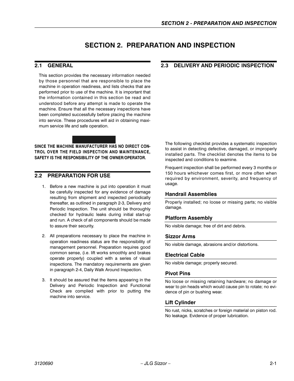 Section 2. preparation and inspection, 1 general, 2 preparation for use | 3 delivery and periodic inspection, Handrail assemblies, Platform assembly, Sizzor arms, Electrical cable, Pivot pins, Lift cylinder | JLG 40RTS ANSI Operator Manual User Manual | Page 15 / 50