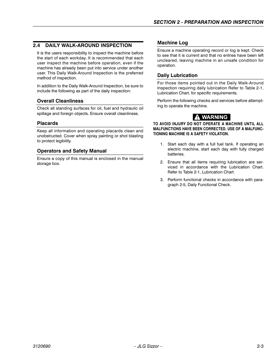 4 daily walk-around inspection, Overall cleanliness, Placards | Operators and safety manual, Machine log, Daily lubrication, Daily walk-around inspection -3 | JLG 40RTS ANSI Operator Manual User Manual | Page 17 / 50