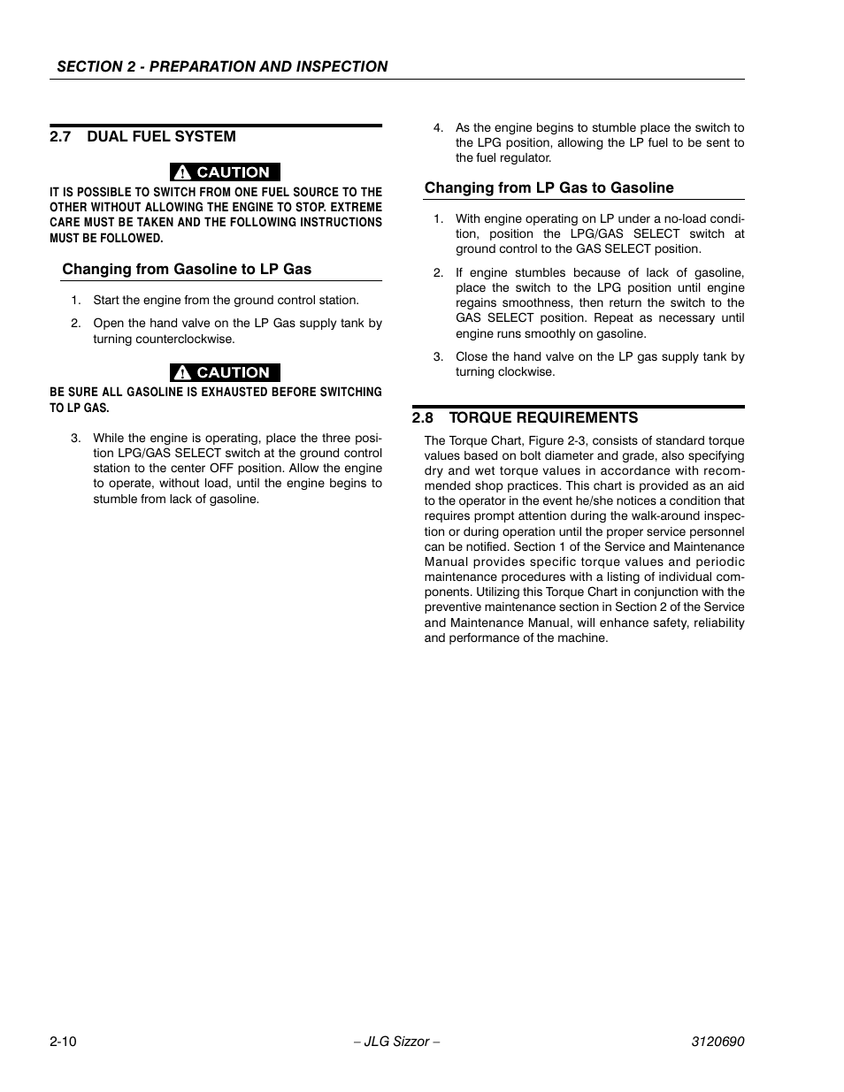 7 dual fuel system, Changing from gasoline to lp gas, Changing from lp gas to gasoline | 8 torque requirements, Dual fuel system -10, Torque requirements -10 | JLG 40RTS ANSI Operator Manual User Manual | Page 24 / 50
