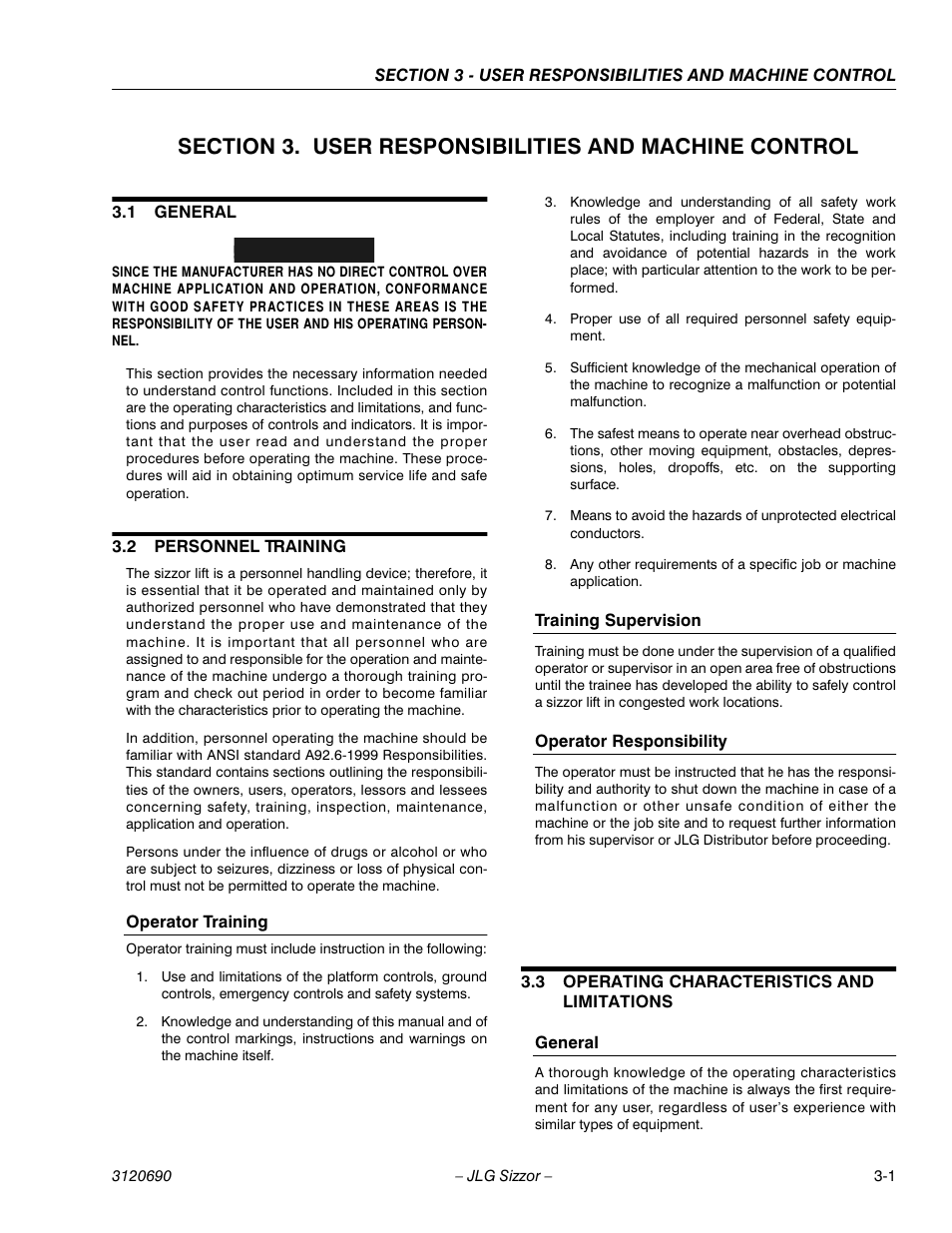 1 general, 2 personnel training, Operator training | Training supervision, Operator responsibility, 3 operating characteristics and limitations, General, General -1, Personnel training -1, Operating characteristics and limitations -1 | JLG 40RTS ANSI Operator Manual User Manual | Page 27 / 50