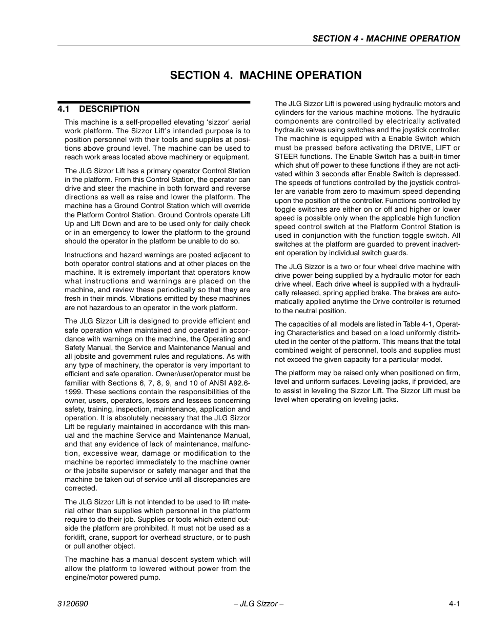 Section 4. machine operation, 1 description, Section 4 - machine operation | Description -1 | JLG 40RTS ANSI Operator Manual User Manual | Page 37 / 50