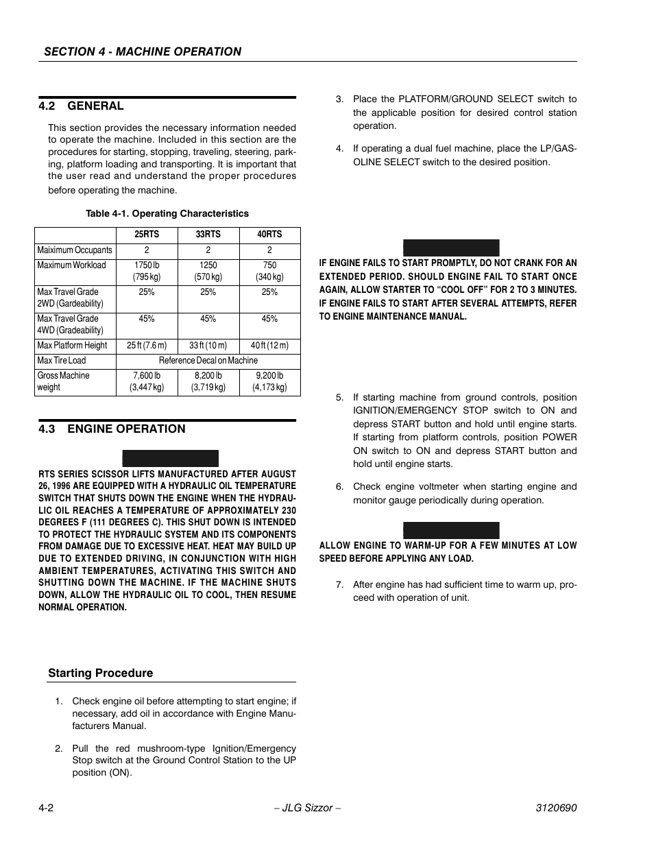 2 general, 3 engine operation, Starting procedure | General -2, Engine operation -2, Operating characteristics -2, Important | JLG 40RTS ANSI Operator Manual User Manual | Page 38 / 50