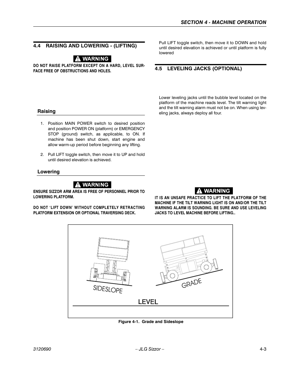 4 raising and lowering - (lifting), Raising, Lowering | 5 leveling jacks (optional), Raising and lowering - (lifting) -3, Leveling jacks (optional) -3, Grade and sideslope -3 | JLG 40RTS ANSI Operator Manual User Manual | Page 39 / 50