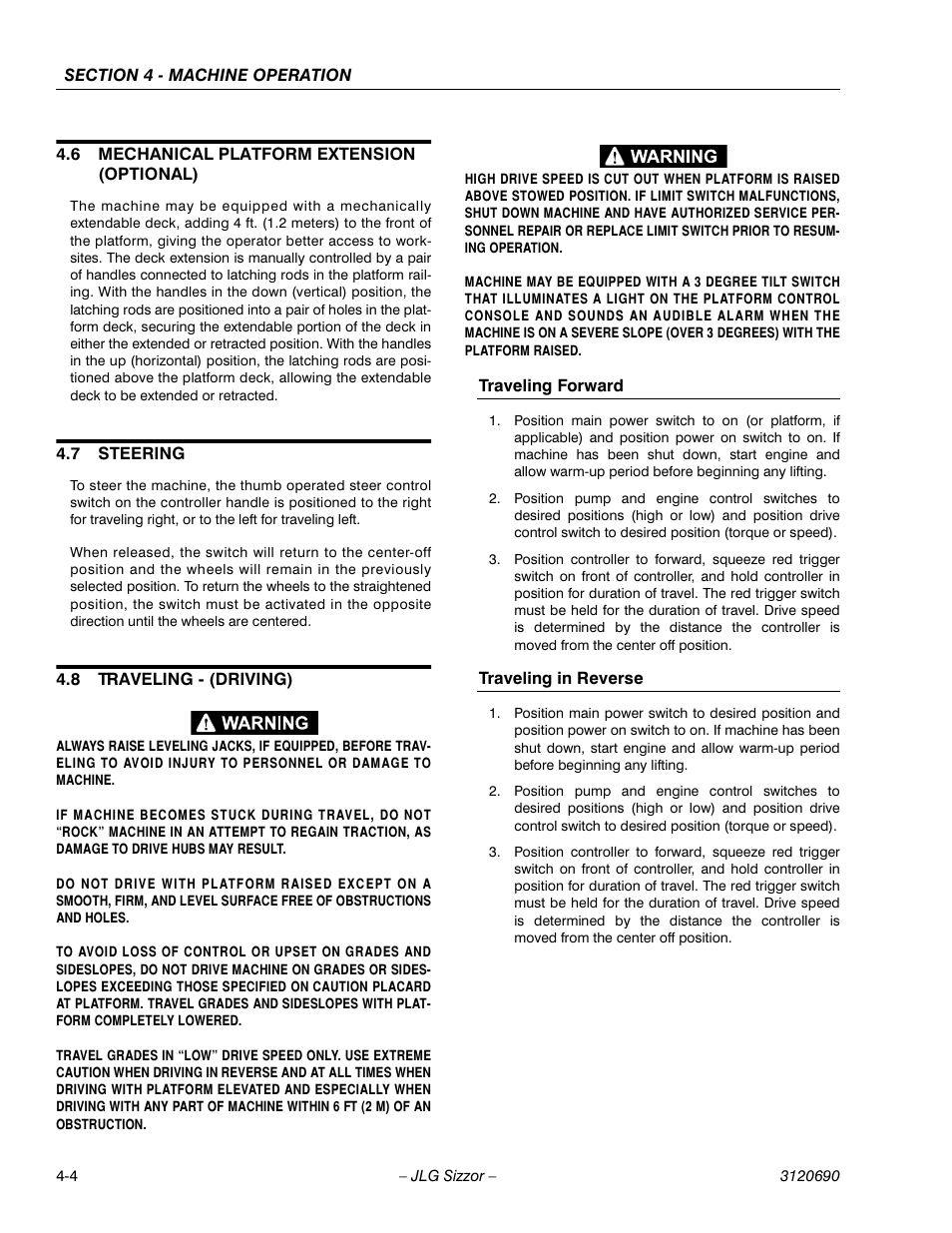 6 mechanical platform extension (optional), 7 steering, 8 traveling - (driving) | Traveling forward, Traveling in reverse, Mechanical platform extension (optional) -4, Steering -4, Traveling - (driving) -4 | JLG 40RTS ANSI Operator Manual User Manual | Page 40 / 50