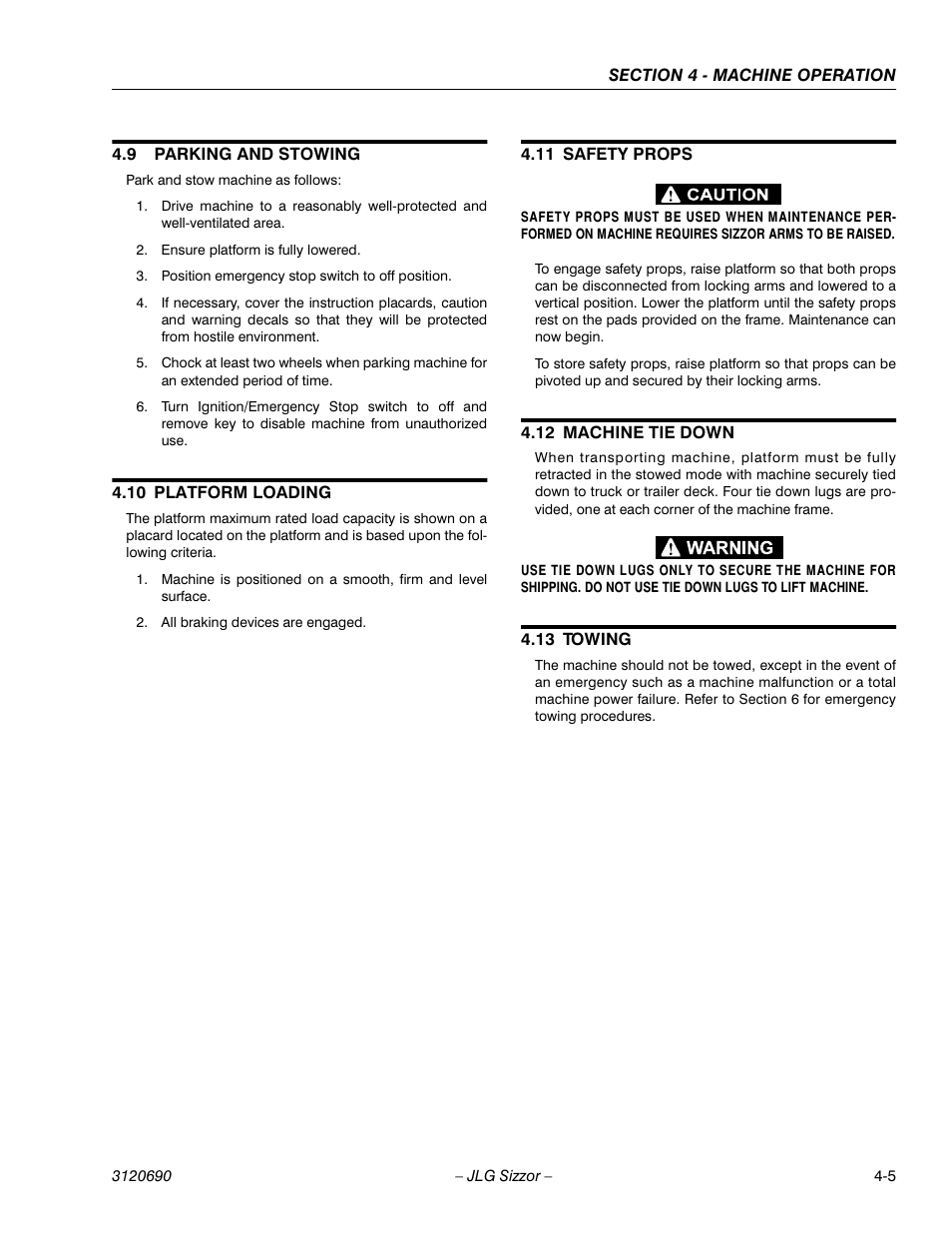 9 parking and stowing, 10 platform loading, 11 safety props | 12 machine tie down, 13 towing, Parking and stowing -5, Platform loading -5, Safety props -5, Machine tie down -5, Towing -5 | JLG 40RTS ANSI Operator Manual User Manual | Page 41 / 50