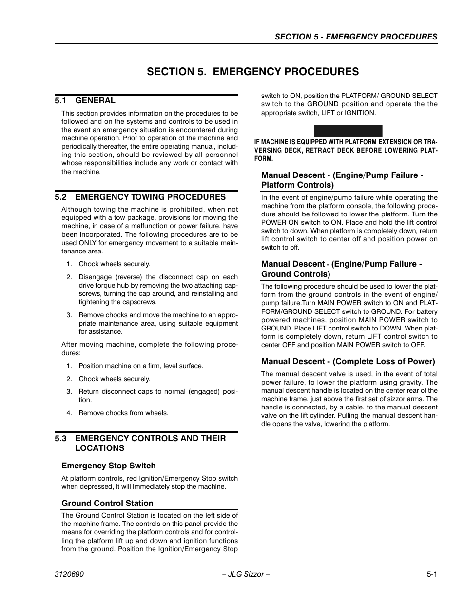 Section 5. emergency procedures, 1 general, 2 emergency towing procedures | 3 emergency controls and their locations, Emergency stop switch, Ground control station, Manual descent - (complete loss of power), Section 5 - emergency procedures, General -1, Emergency towing procedures -1 | JLG 40RTS ANSI Operator Manual User Manual | Page 43 / 50