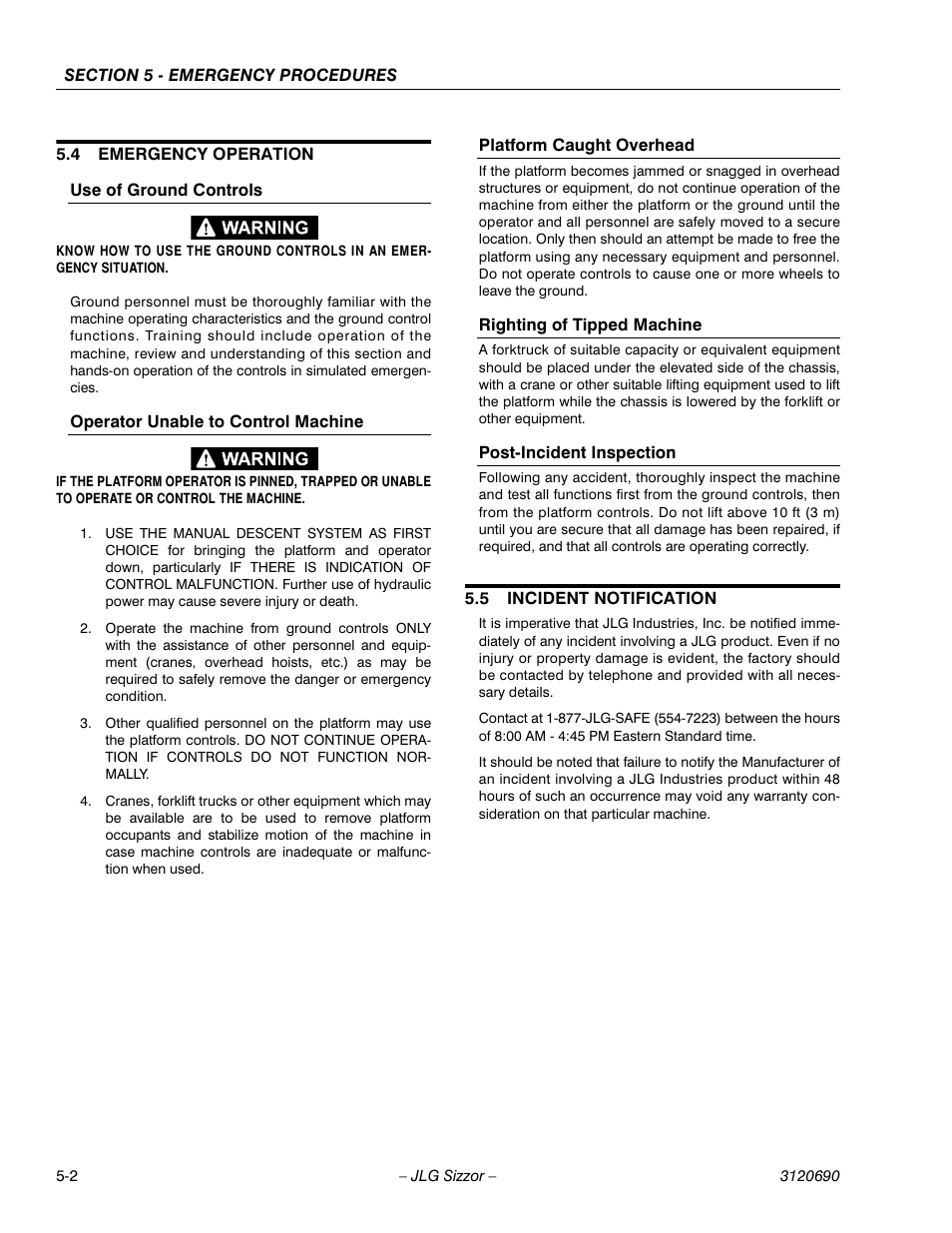4 emergency operation, Use of ground controls, Operator unable to control machine | Platform caught overhead, Righting of tipped machine, Post-incident inspection, 5 incident notification, Emergency operation -2, Incident notification -2 | JLG 40RTS ANSI Operator Manual User Manual | Page 44 / 50