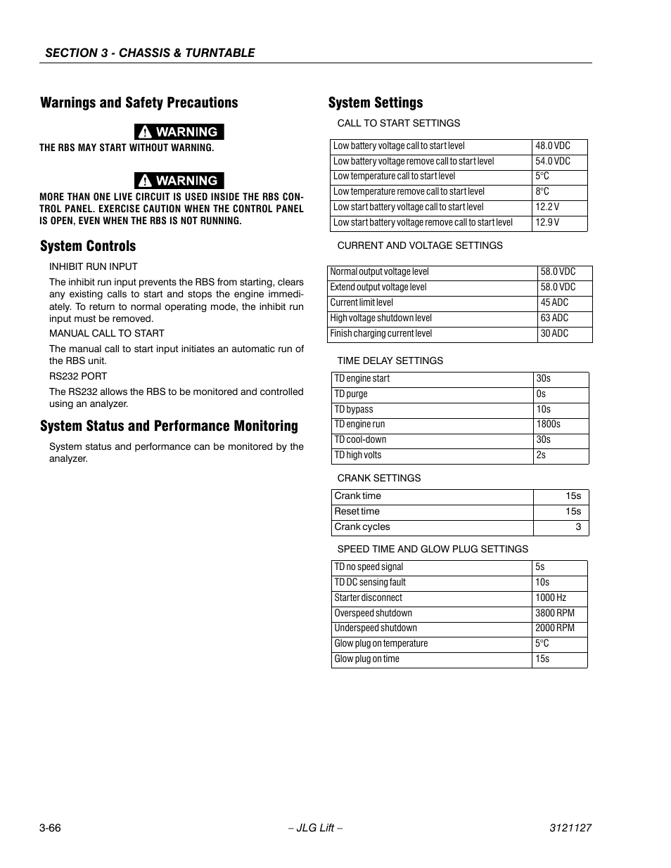 Warnings and safety precautions, System controls, System status and performance monitoring | System settings | JLG M450 ANSI Service Manual User Manual | Page 106 / 258
