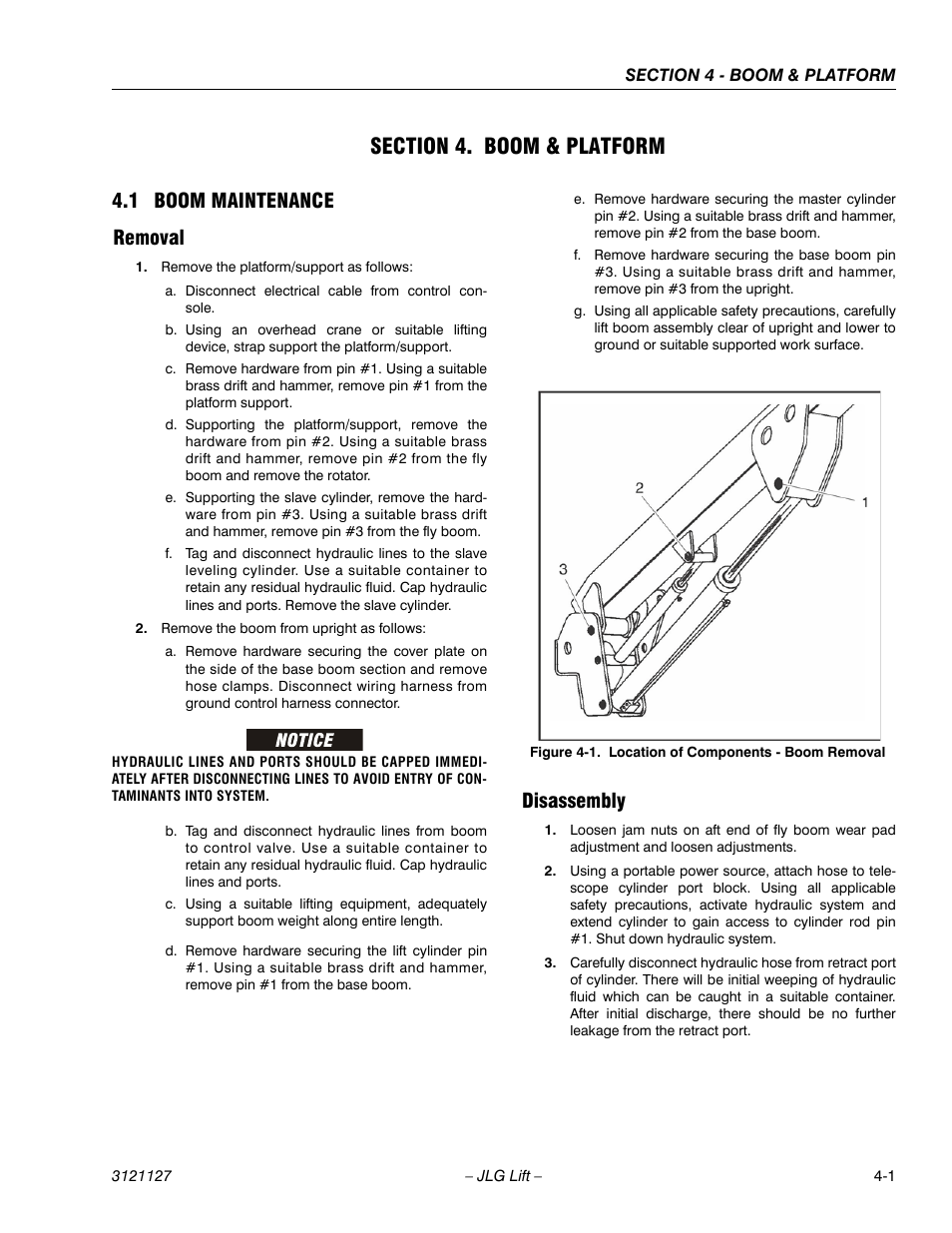 Section 4. boom & platform, 1 boom maintenance, Removal | Disassembly, Section 4 - boom & platform, Boom maintenance -1, Removal -1 disassembly -1, Location of components - boom removal -1, 1 boom maintenance removal | JLG M450 ANSI Service Manual User Manual | Page 113 / 258