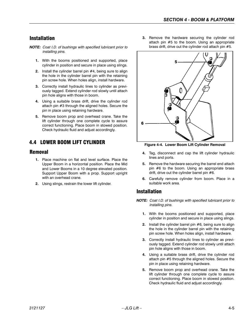 Installation, 4 lower boom lift cylinder, Removal | Installation -5, Lower boom lift cylinder -5, Removal -5 installation -5, Lower boom lift cylinder removal -5, 4 lower boom lift cylinder removal | JLG M450 ANSI Service Manual User Manual | Page 117 / 258