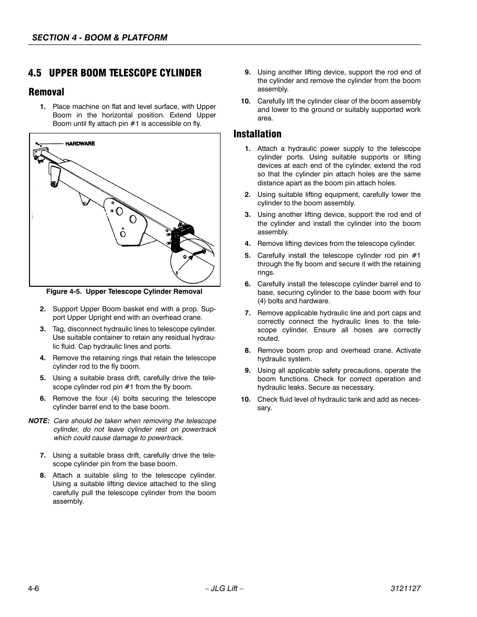 5 upper boom telescope cylinder, Removal, Installation | Upper boom telescope cylinder -6, Removal -6 installation -6, Upper telescope cylinder removal -6, 5 upper boom telescope cylinder removal | JLG M450 ANSI Service Manual User Manual | Page 118 / 258