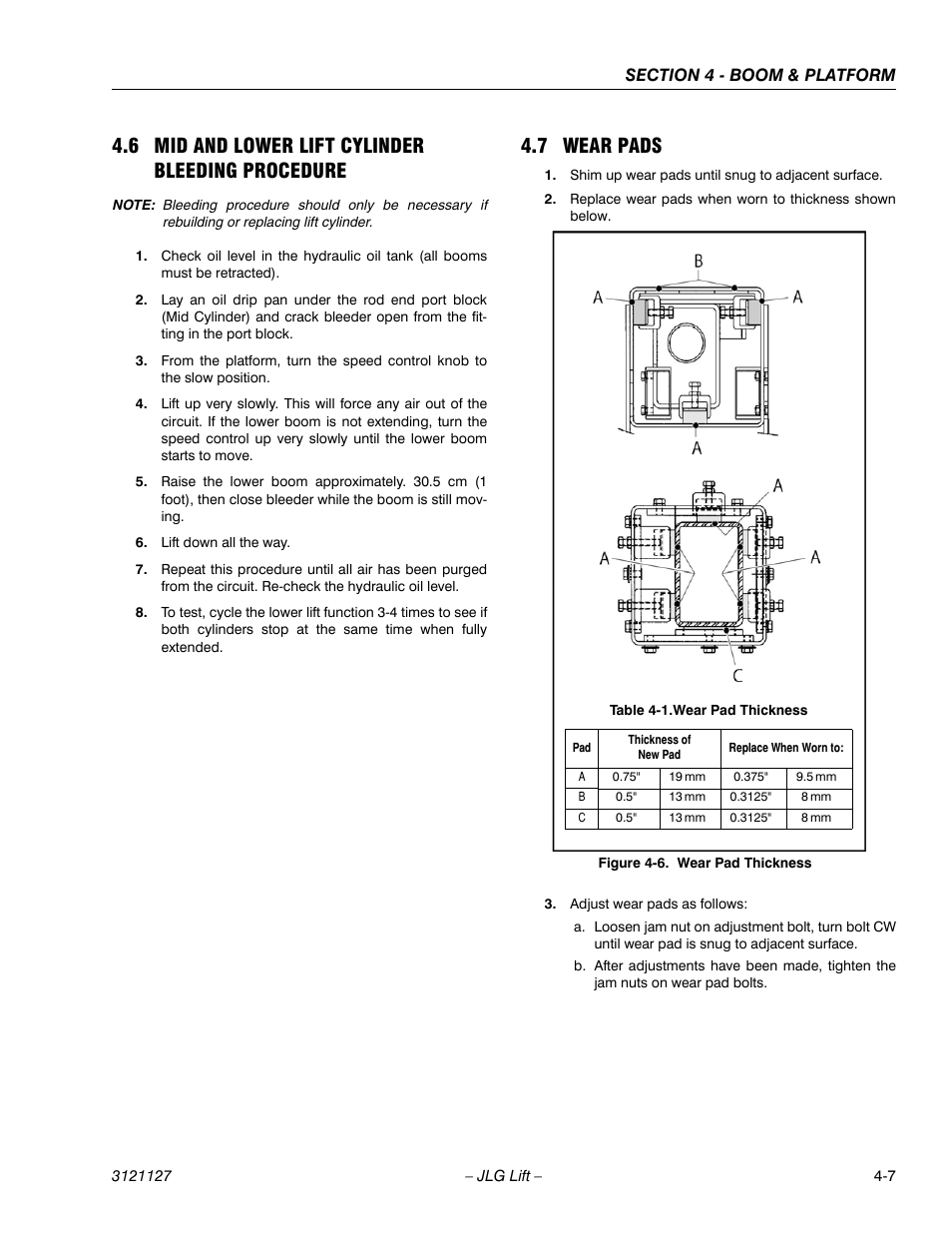 6 mid and lower lift cylinder bleeding procedure, 7 wear pads, Mid and lower lift cylinder bleeding procedure -7 | Wear pads -7, Wear pad thickness -7 | JLG M450 ANSI Service Manual User Manual | Page 119 / 258