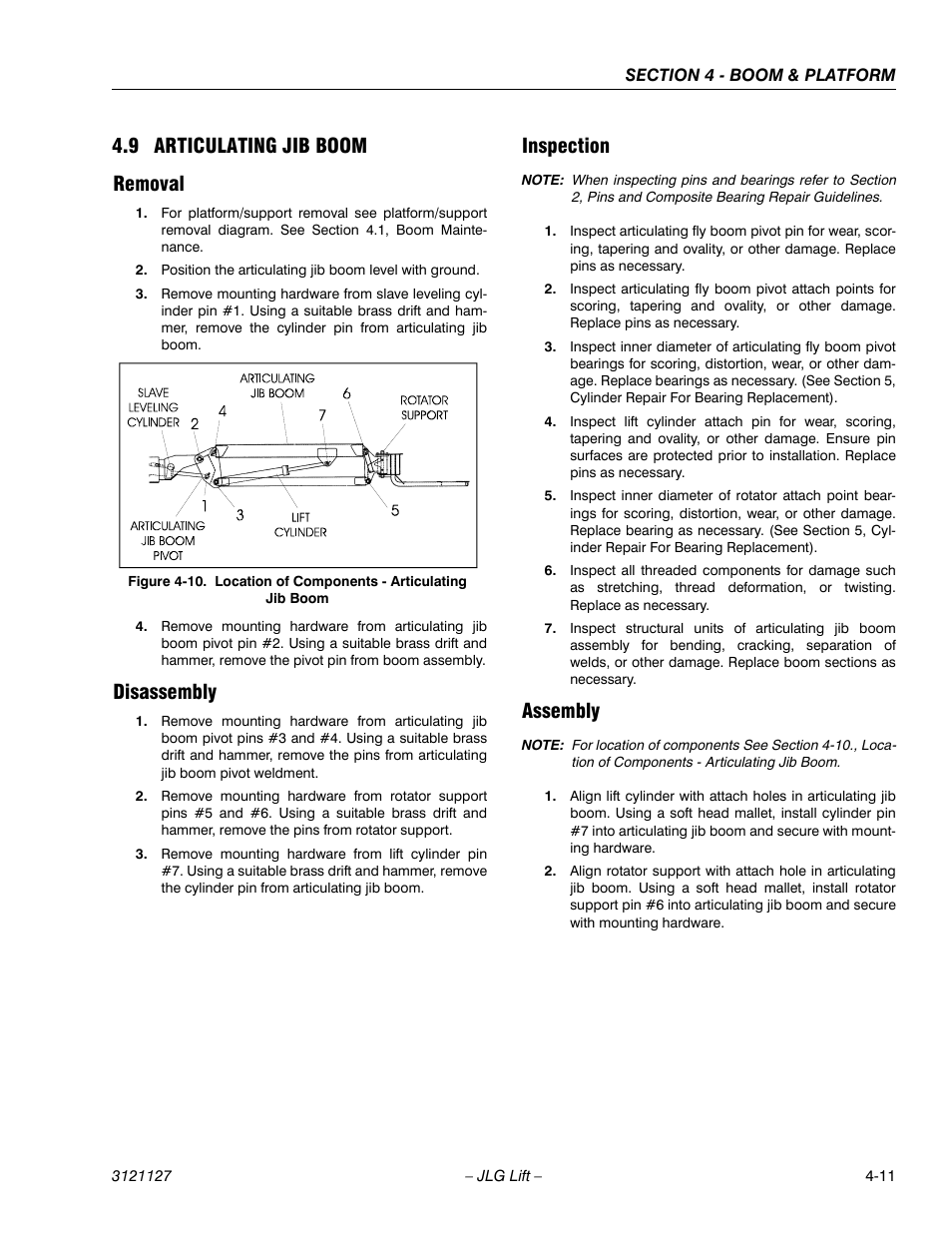 9 articulating jib boom, Removal, Disassembly | Inspection, Assembly, Articulating jib boom -11, Location of components - articulating jib boom -11, 9 articulating jib boom removal | JLG M450 ANSI Service Manual User Manual | Page 123 / 258