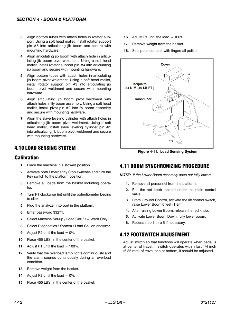 10 load sensing system, Calibration, 11 boom synchronizing procedure | 12 footswitch adjustment, Load sensing system -12, Calibration -12, Boom synchronizing procedure -12, Footswitch adjustment -12, 10 load sensing system calibration | JLG M450 ANSI Service Manual User Manual | Page 124 / 258