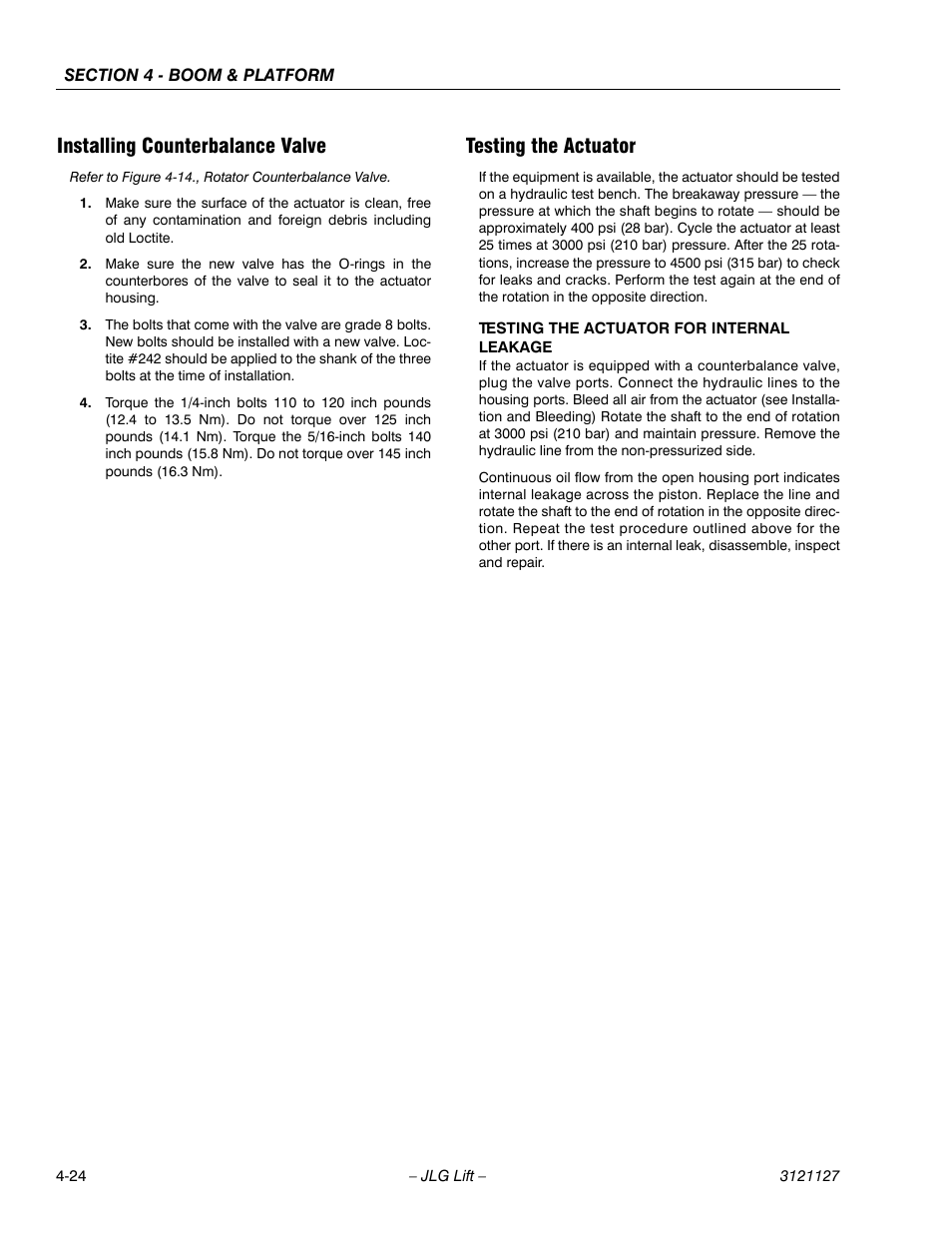 Installing counterbalance valve, Testing the actuator | JLG M450 ANSI Service Manual User Manual | Page 136 / 258