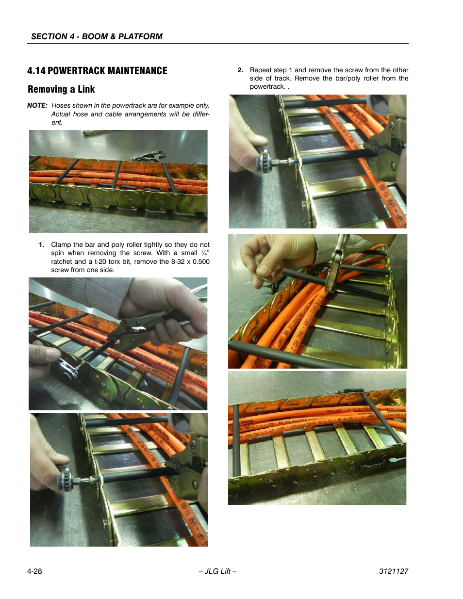 14 powertrack maintenance, Removing a link, Powertrack maintenance -28 | Removing a link -28, 14 powertrack maintenance removing a link | JLG M450 ANSI Service Manual User Manual | Page 140 / 258