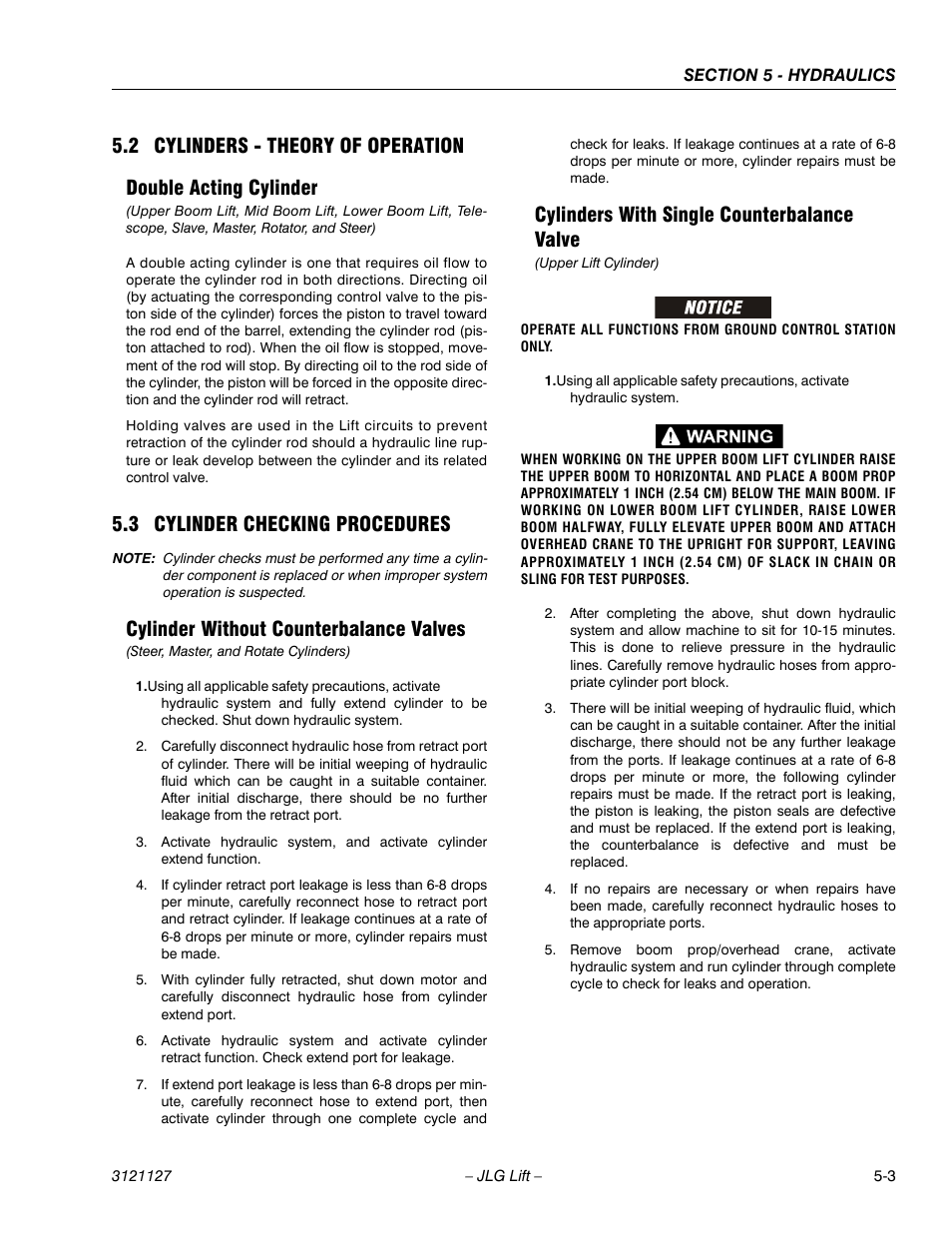 2 cylinders - theory of operation, Double acting cylinder, 3 cylinder checking procedures | Cylinder without counterbalance valves, Cylinders with single counterbalance valve, Cylinders - theory of operation -3, Double acting cylinder -3, Cylinder checking procedures -3 | JLG M450 ANSI Service Manual User Manual | Page 155 / 258