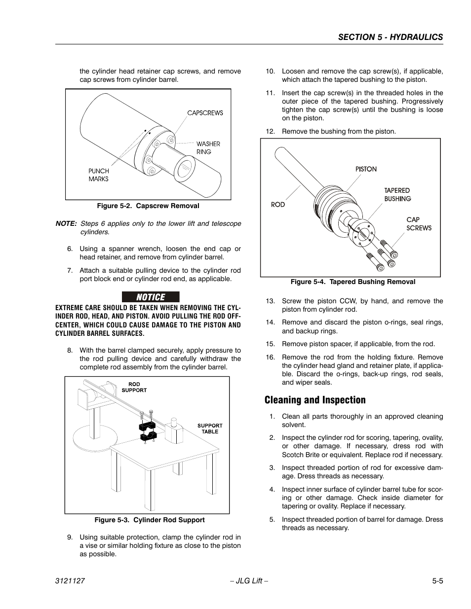 Cleaning and inspection, Cleaning and inspection -5, Capscrew removal -5 | Cylinder rod support -5, Tapered bushing removal -5 | JLG M450 ANSI Service Manual User Manual | Page 157 / 258