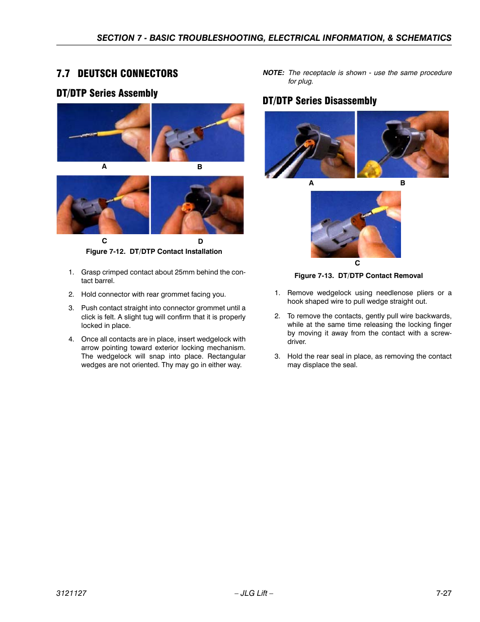7 deutsch connectors, Dt/dtp series assembly, Dt/dtp series disassembly | Deutsch connectors -27, Dt/dtp contact installation -27, Dt/dtp contact removal -27, 7 deutsch connectors dt/dtp series assembly | JLG M450 ANSI Service Manual User Manual | Page 241 / 258