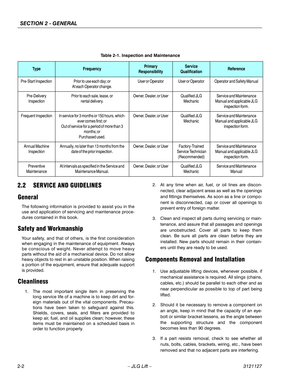 2 service and guidelines, General, Safety and workmanship | Cleanliness, Components removal and installation, Service and guidelines -2, Inspection and maintenance -2, 2 service and guidelines general | JLG M450 ANSI Service Manual User Manual | Page 32 / 258