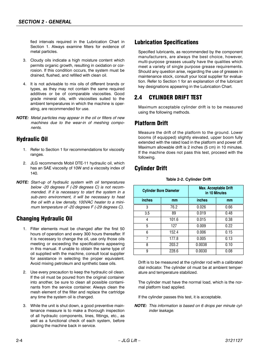 Hydraulic oil, Changing hydraulic oil, Lubrication specifications | 4 cylinder drift test, Platform drift, Cylinder drift, Cylinder drift test -4, Platform drift -4 cylinder drift -4, Cylinder drift -4 | JLG M450 ANSI Service Manual User Manual | Page 34 / 258
