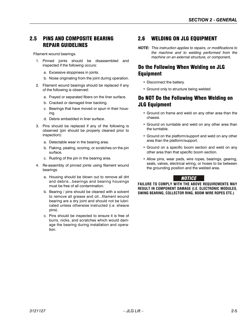5 pins and composite bearing repair guidelines, 6 welding on jlg equipment, Do the following when welding on jlg equipment | Pins and composite bearing repair guidelines -5, Welding on jlg equipment -5 | JLG M450 ANSI Service Manual User Manual | Page 35 / 258