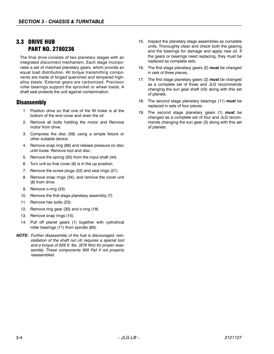 3 drive hub part no. 2780236, Disassembly, Drive hub | Part no. 27802363-4, Disassembly -4 | JLG M450 ANSI Service Manual User Manual | Page 44 / 258