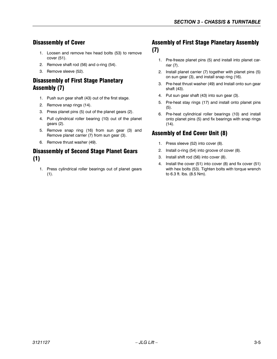 Disassembly of cover, Disassembly of first stage planetary assembly (7), Disassembly of second stage planet gears (1) | Assembly of first stage planetary assembly (7), Assembly of end cover unit (8) | JLG M450 ANSI Service Manual User Manual | Page 45 / 258