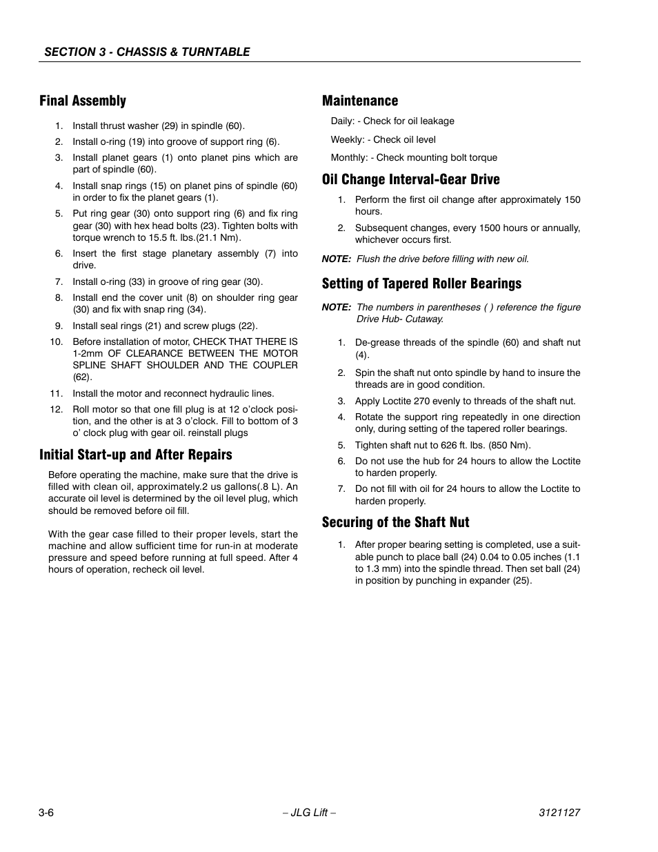 Final assembly, Initial start-up and after repairs, Maintenance | Oil change interval-gear drive, Setting of tapered roller bearings, Securing of the shaft nut | JLG M450 ANSI Service Manual User Manual | Page 46 / 258