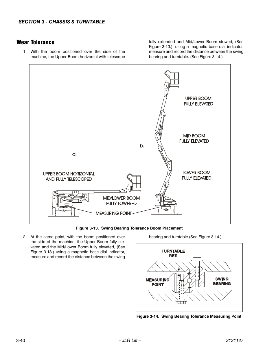 Wear tolerance, Wear tolerance -40, Swing bearing tolerance boom placement -40 | Swing bearing tolerance measuring point -40 | JLG M450 ANSI Service Manual User Manual | Page 80 / 258