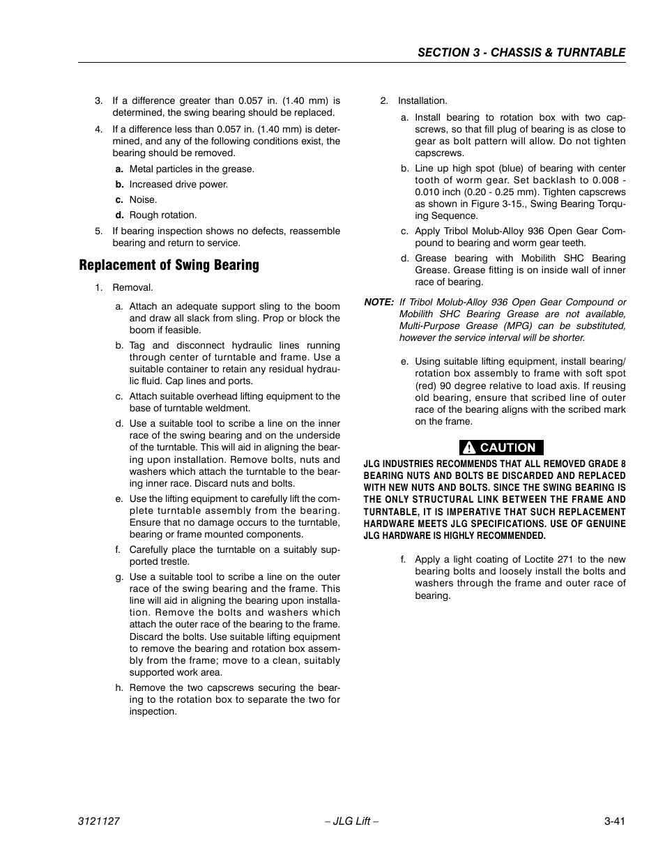 Replacement of swing bearing, Replacement of swing bearing -41 | JLG M450 ANSI Service Manual User Manual | Page 81 / 258
