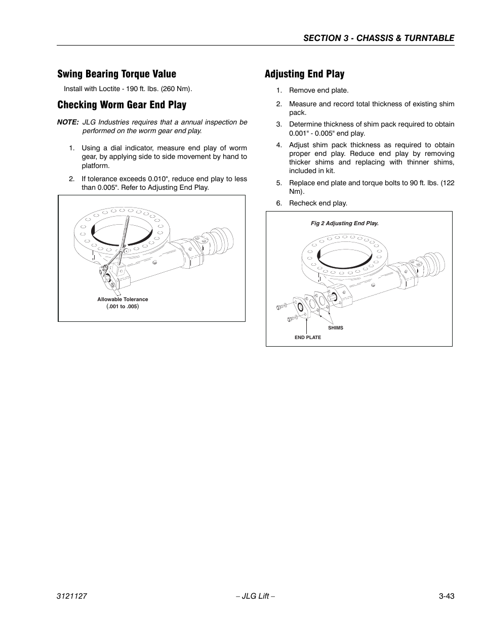 Swing bearing torque value, Checking worm gear end play, Adjusting end play | JLG M450 ANSI Service Manual User Manual | Page 83 / 258
