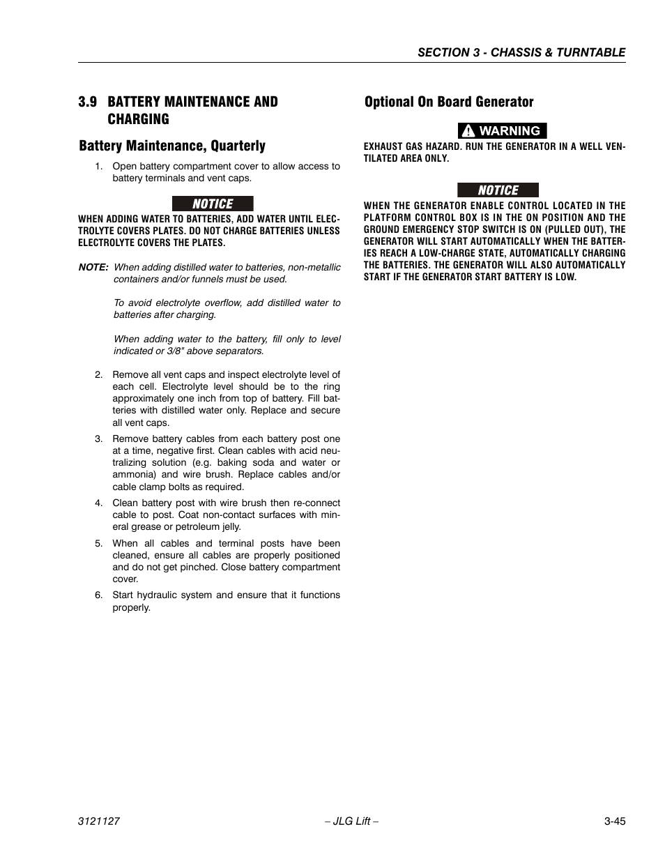 9 battery maintenance and charging, Battery maintenance, quarterly, Optional on board generator | Battery maintenance and charging -45 | JLG M450 ANSI Service Manual User Manual | Page 85 / 258