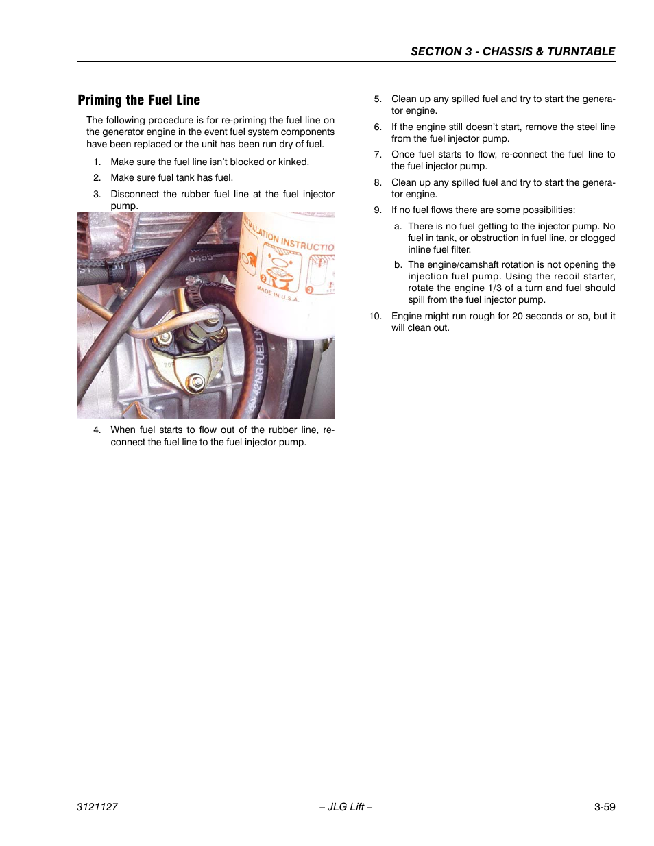 Priming the fuel line, Priming the fuel line -59 | JLG M450 ANSI Service Manual User Manual | Page 99 / 258