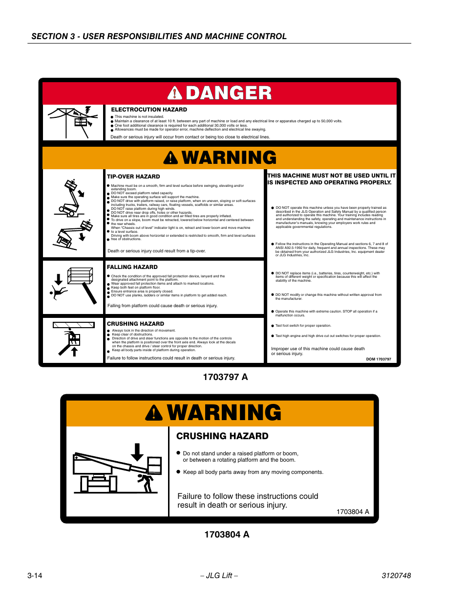 Danger, Warning, Crushing hazard | JLG 450AJ ANSI Operator Manual User Manual | Page 44 / 70