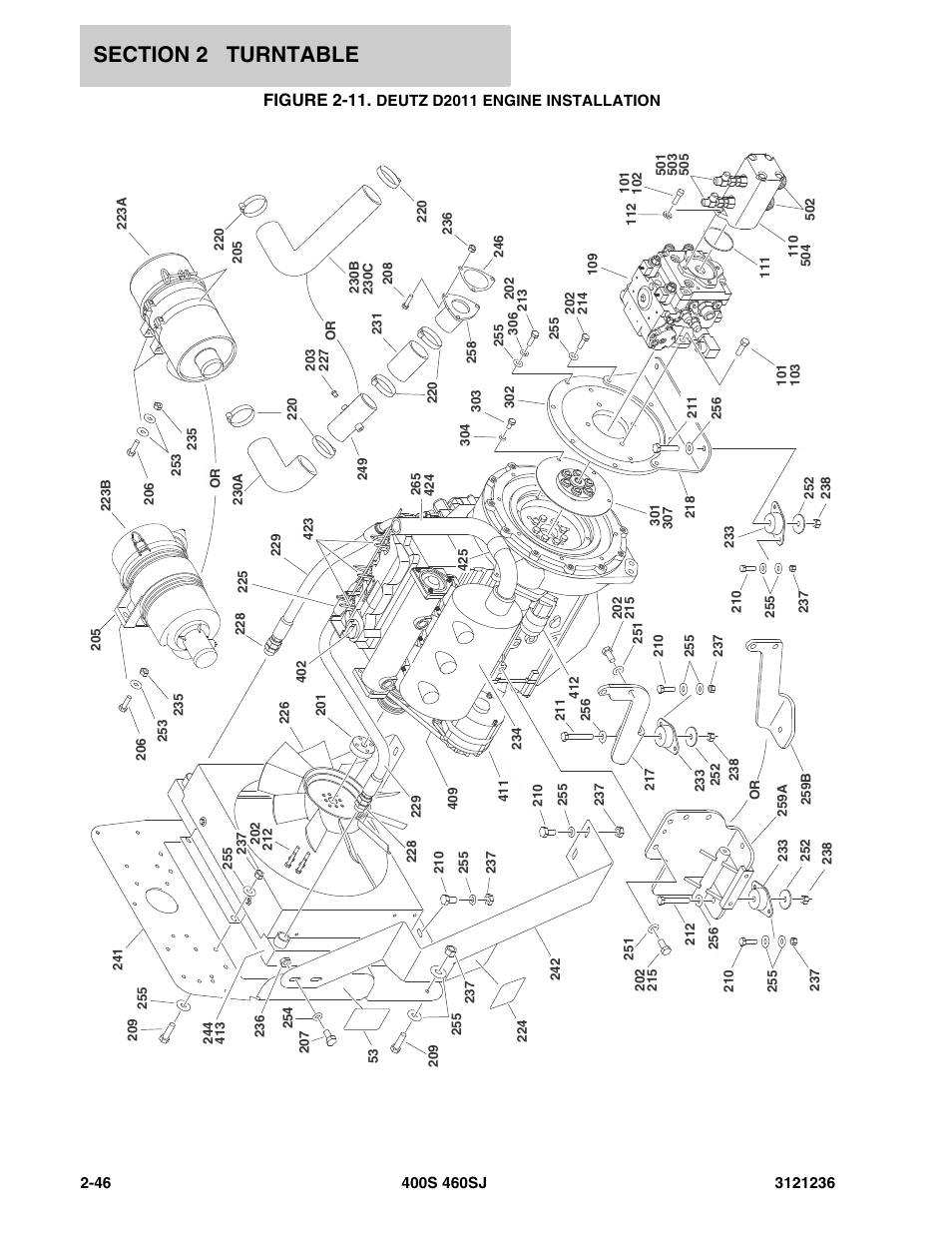 Figure 2-11. deutz d2011 engine installation, Deutz d2011 engine installation -46, Figure 2-11 | JLG 460SJ Parts Manual User Manual | Page 108 / 430