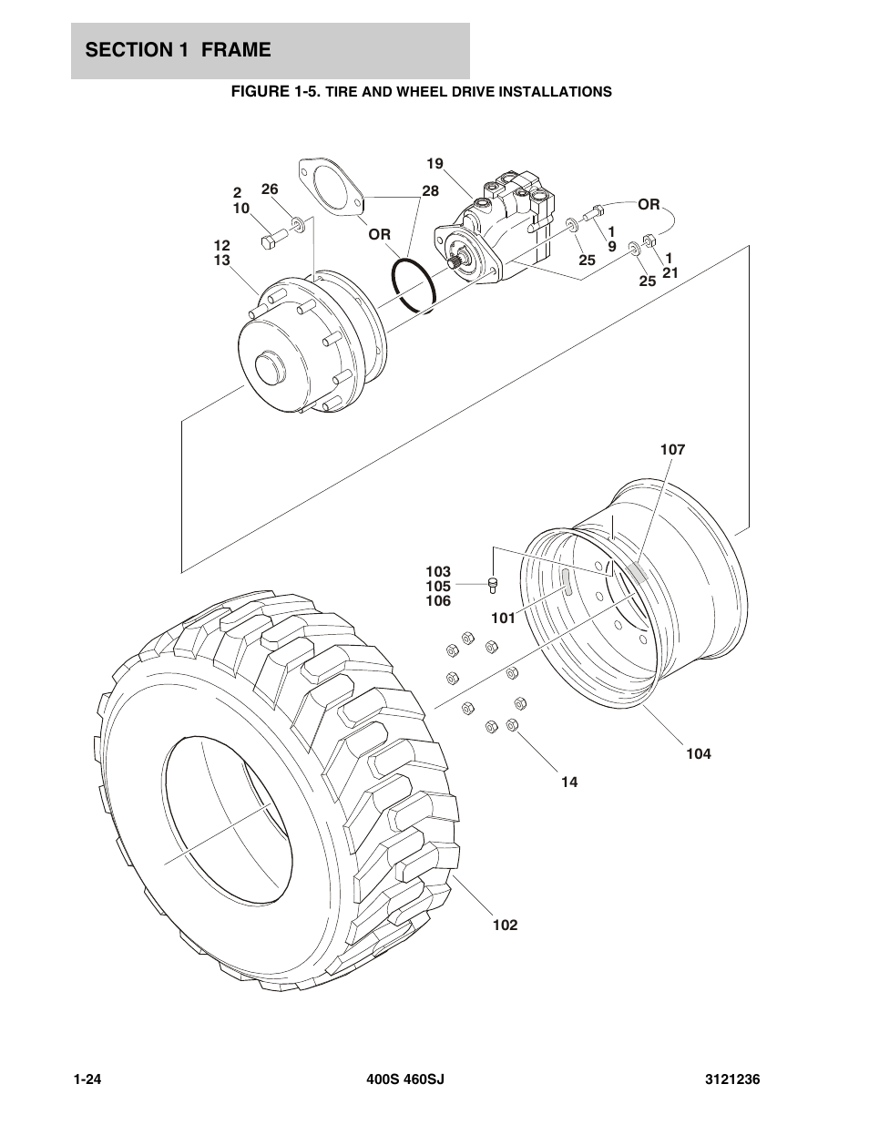 Figure 1-5. tire and wheel drive installations, Tire | JLG 460SJ Parts Manual User Manual | Page 32 / 430