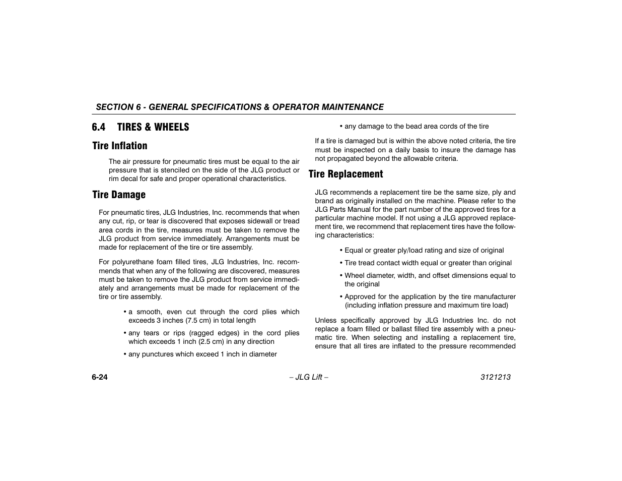 4 tires & wheels, Tire inflation, Tire damage | Tire replacement, Tires & wheels -24, 4 tires & wheels tire inflation | JLG 150HAX Operator Manual User Manual | Page 102 / 110