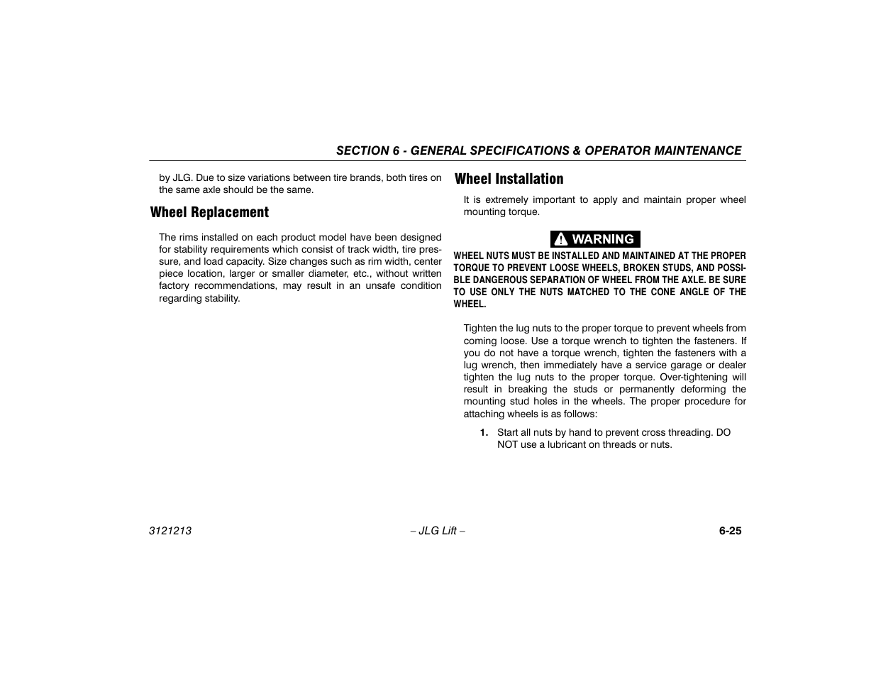 Wheel replacement, Wheel installation, Wheel replacement -25 wheel installation -25 | JLG 150HAX Operator Manual User Manual | Page 103 / 110