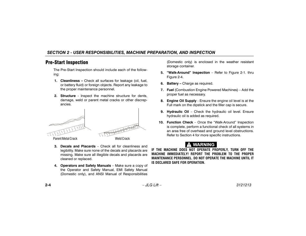 Pre-start inspection, Pre-start inspection -4 | JLG 150HAX Operator Manual User Manual | Page 24 / 110