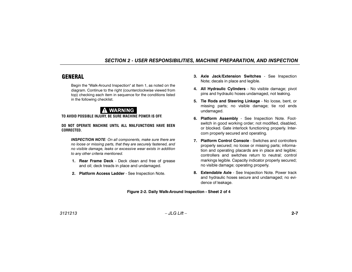 General -7, Daily walk-around inspection - sheet 2 of 4 -7, General | JLG 150HAX Operator Manual User Manual | Page 27 / 110