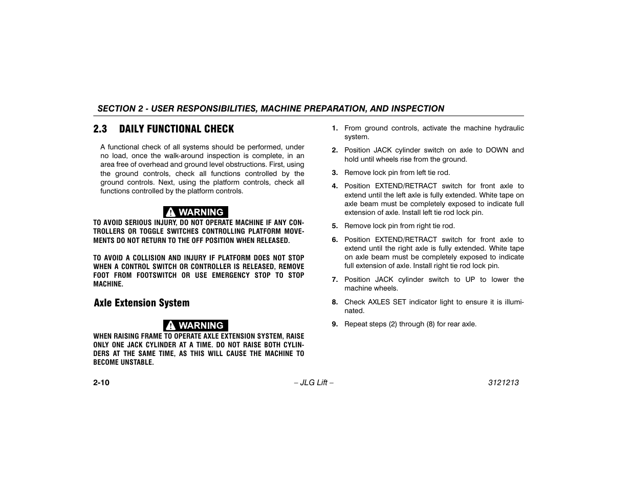 3 daily functional check, Axle extension system, Daily functional check -10 | Axle extension system -10 | JLG 150HAX Operator Manual User Manual | Page 30 / 110