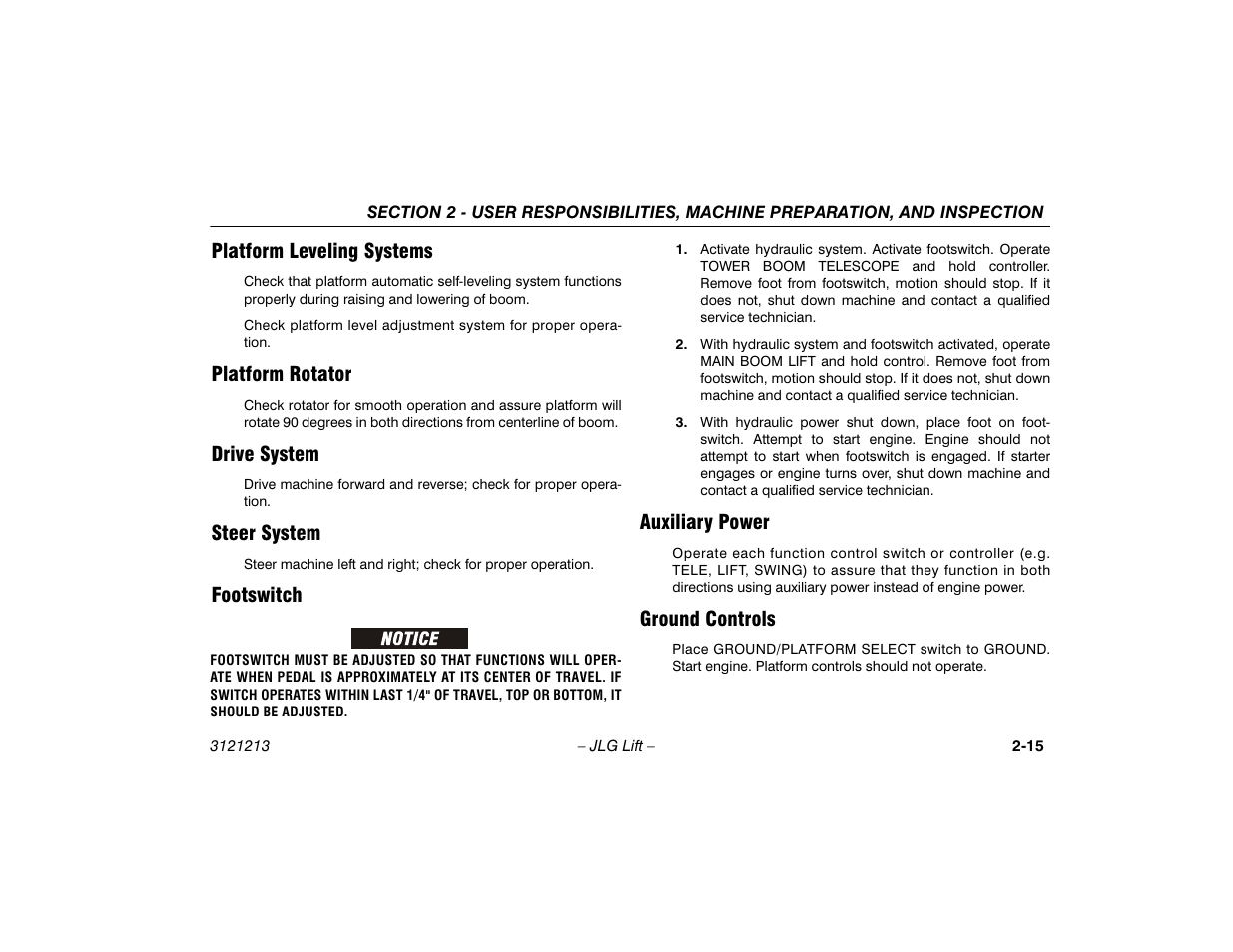 Platform leveling systems, Platform rotator, Drive system | Steer system, Footswitch, Auxiliary power, Ground controls | JLG 150HAX Operator Manual User Manual | Page 35 / 110