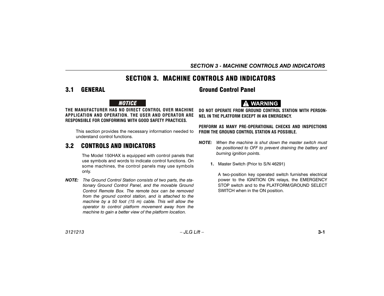 Section 3. machine controls and indicators, 1 general, 2 controls and indicators | Ground control panel, Section - 3 - machine controls and indicators, General -1, Controls and indicators -1, Ground control panel -1 | JLG 150HAX Operator Manual User Manual | Page 37 / 110