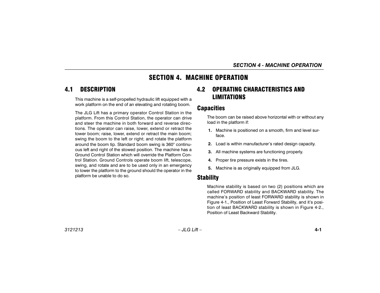 Section 4. machine operation, 1 description, 2 operating characteristics and limitations | Capacities, Stability, Section - 4 - machine operation, Description -1, Operating characteristics and, Limitations -1, Capacities -1 stability -1 | JLG 150HAX Operator Manual User Manual | Page 53 / 110