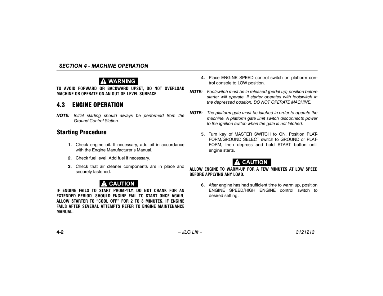 3 engine operation, Starting procedure, Engine operation -2 | Starting procedure -2 | JLG 150HAX Operator Manual User Manual | Page 54 / 110