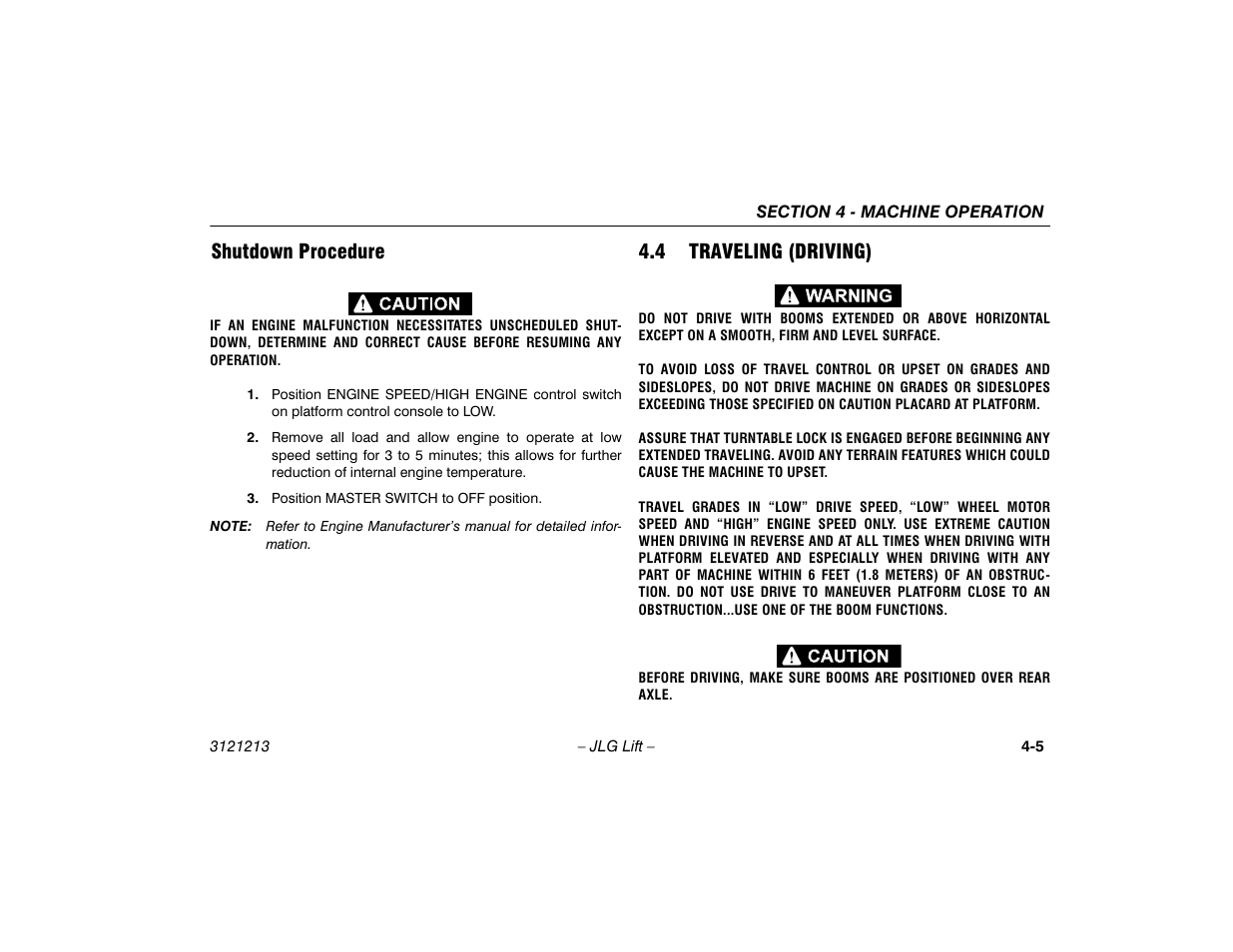 Shutdown procedure, 4 traveling (driving), Shutdown procedure -5 | Traveling (driving) -5 | JLG 150HAX Operator Manual User Manual | Page 57 / 110